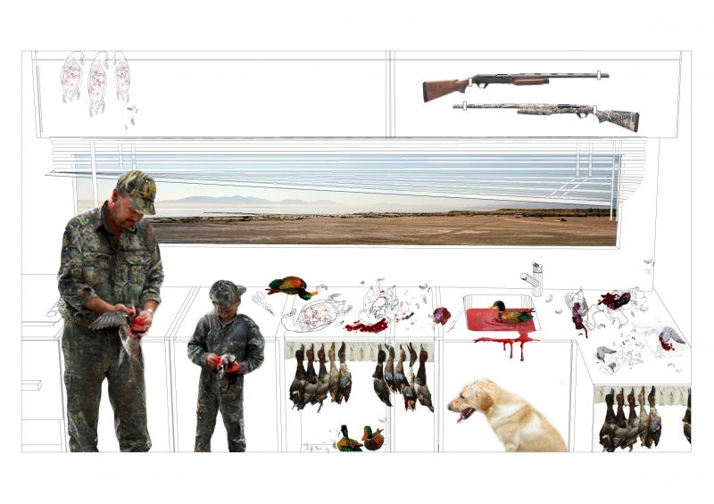 Relationship between the brutality of the duck skinning and plucking after the hunt, versus the hunters' view of the serene Salton Sea landscape.